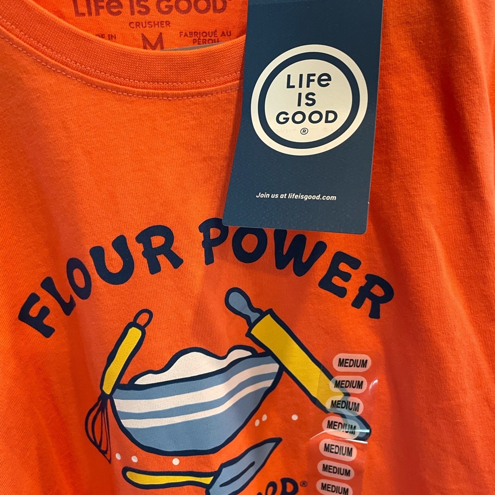Life is Good FLOUR POWER Long sleeve orange Crusher T shirt Medium NEW w tag - Picture 6 of 8